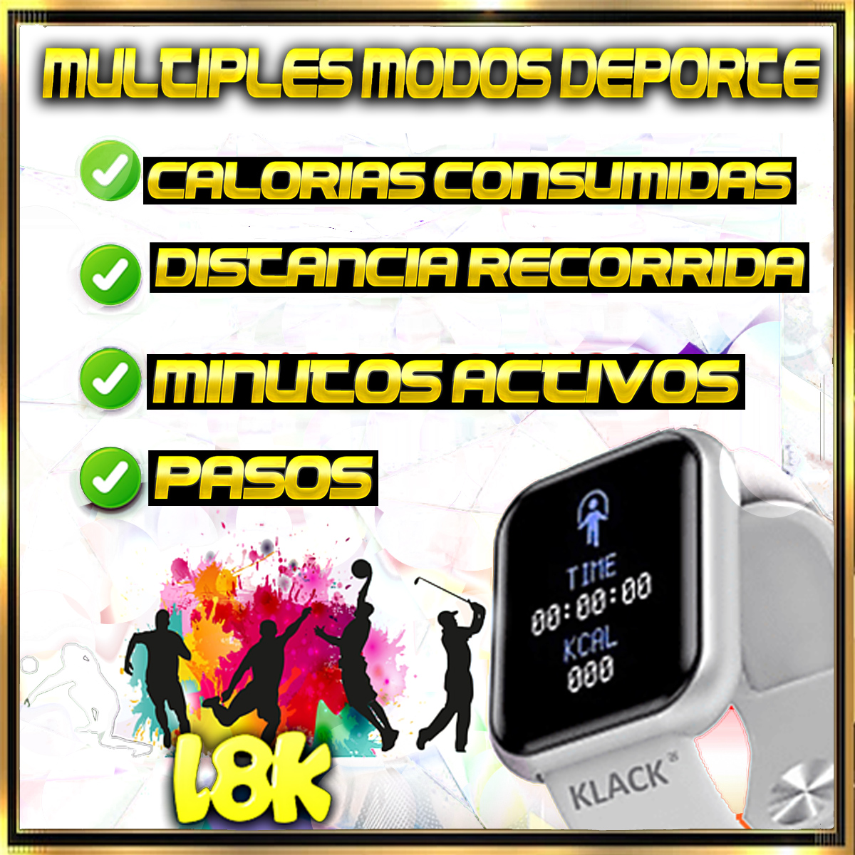 Imagen con texto: calorías, distancia, minutos, pasos. Siluetas deportivas y un reloj inteligente con hora y kcal.