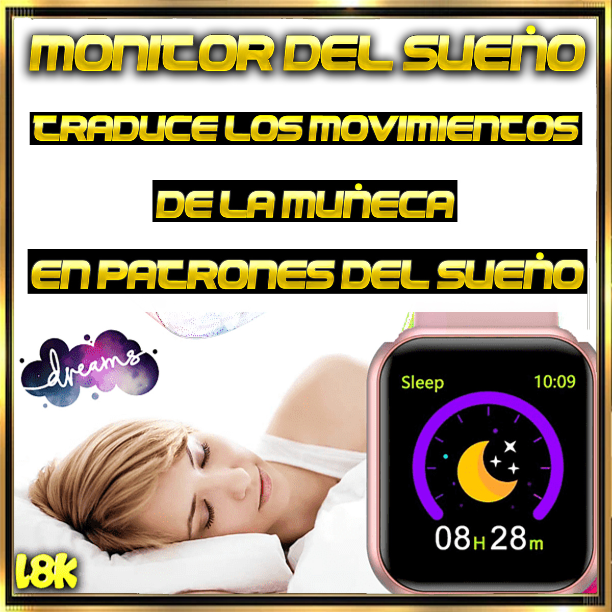 Smartwatch rosa en muñeca de mujer. Pantalla muestra iconos de luna y estrellas.