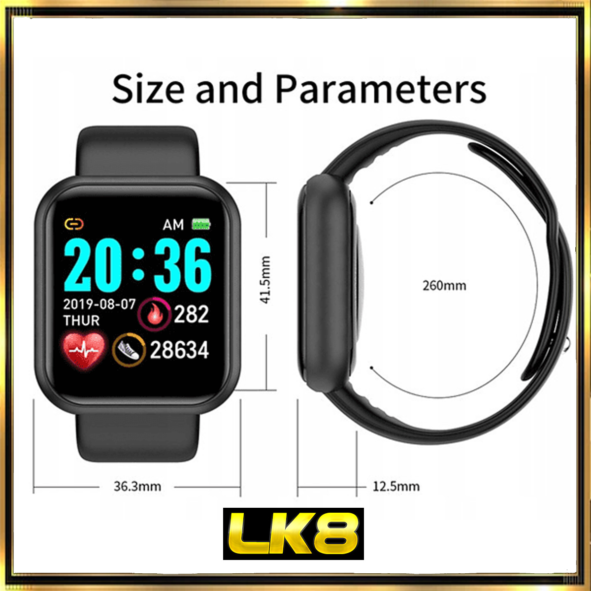 Reloj inteligente negro con pantalla que muestra la hora, fecha, frecuencia cardíaca y pasos. Blanco.