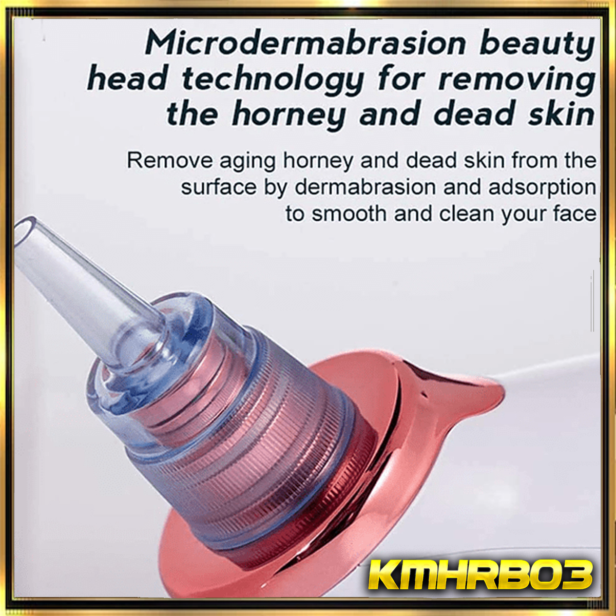 Primer plano de un dispositivo de belleza con texto que describe la microdermoabrasión para eliminar la piel muerta.