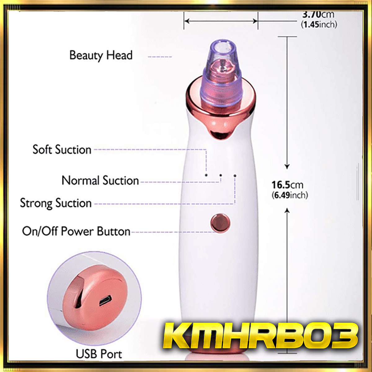 Dispositivo de belleza blanco con etiquetas. Tiene cabezal de belleza, puerto USB y ajustes de succión.