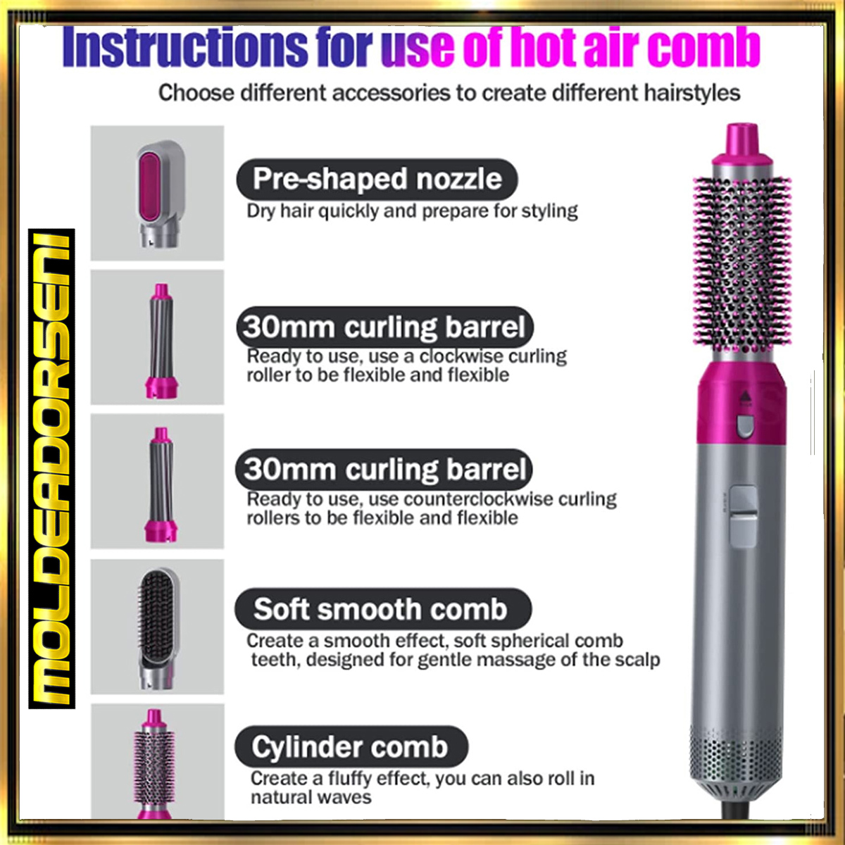 Instrucciones para un peine de aire caliente. Incluye boquillas y un peine para varios peinados.
