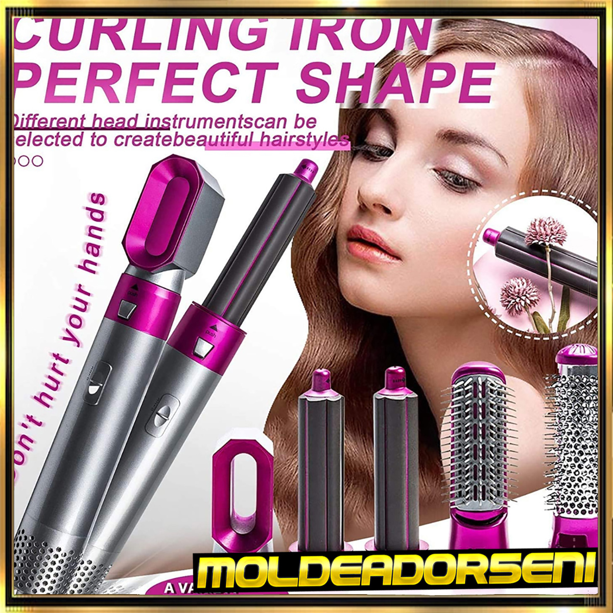 Herramientas de peinado y rostro de mujer con superposición de texto, tema rosa.