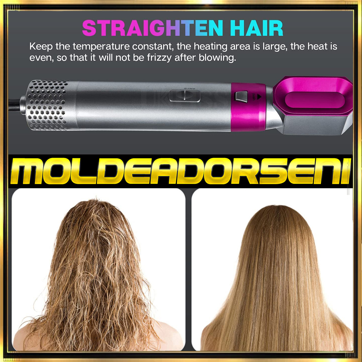 Herramienta para alisar el cabello, imágenes de antes y después. Cabello liso y brillante tras uso.