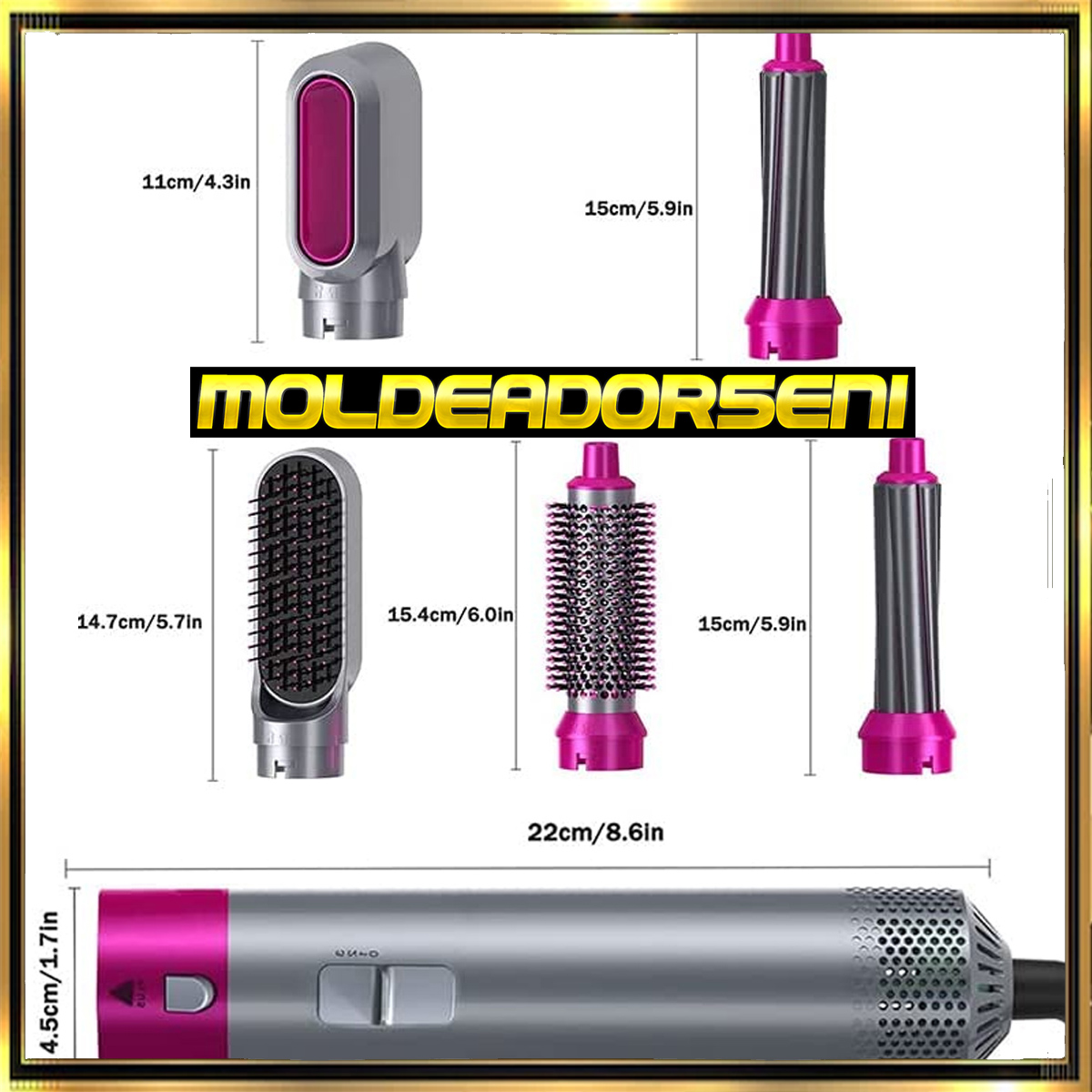 Secador de pelo con accesorios, incluyendo un cepillo y varias boquillas de peinado, con dimensiones.