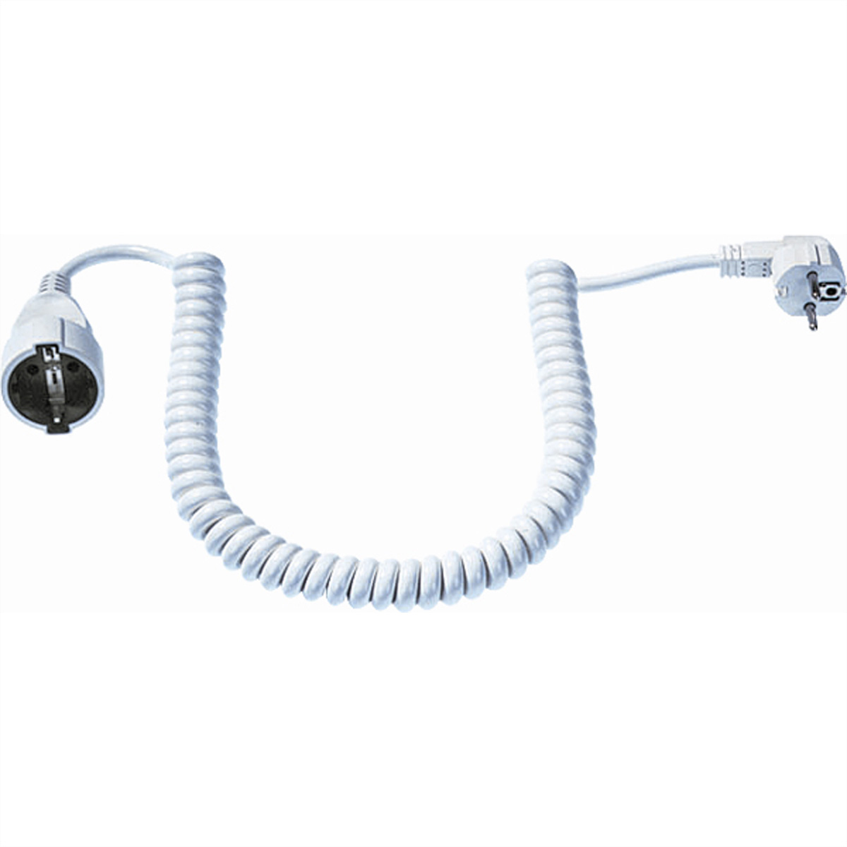 Weißes, gewendeltes Netzkabel mit zwei Steckern, einem runden, einem abgewinkelten.