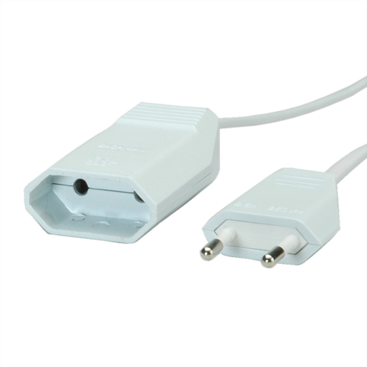Weißer elektrischer Adapter mit Zweipol-Stecker und Steckdose für europäische Stecker, vor weißem Hintergrund.