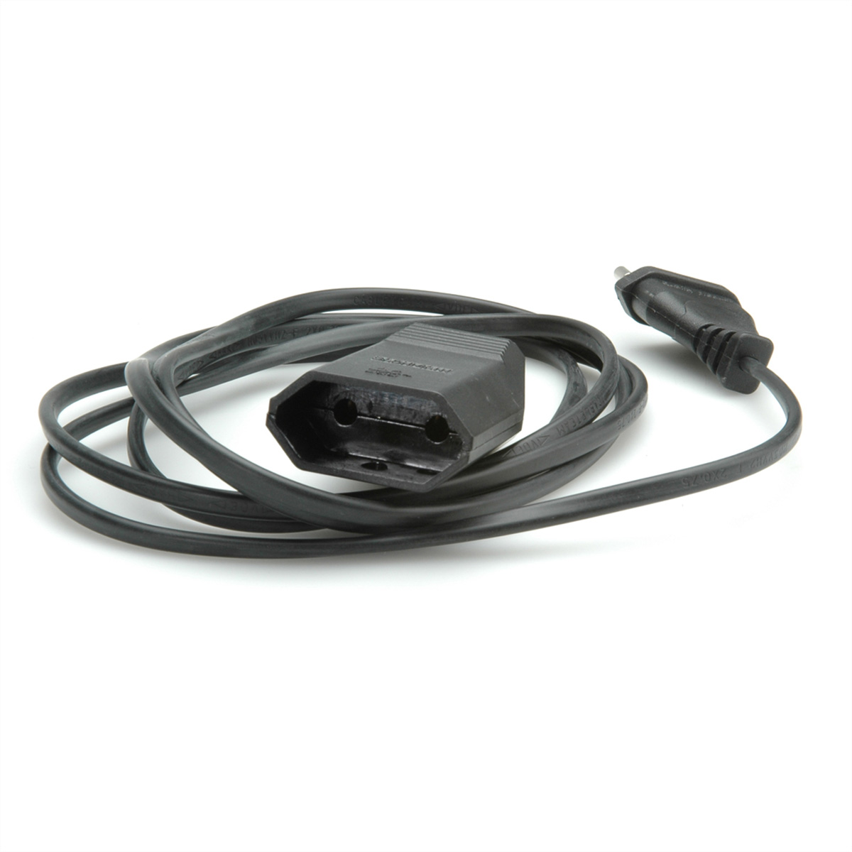Schwarzes Netzkabel mit Eurostecker an einem Ende und einer Buchse am anderen.