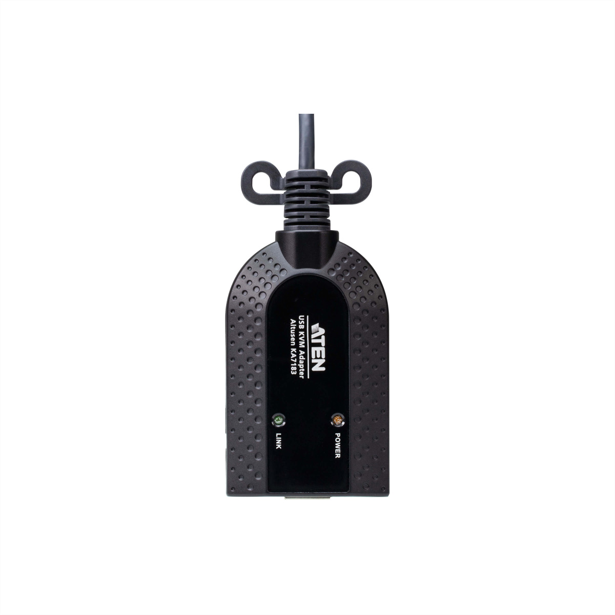 Schwarzer USB-KVM-Adapter mit ATEN-Logo, Strom- und Link-Leuchten.
