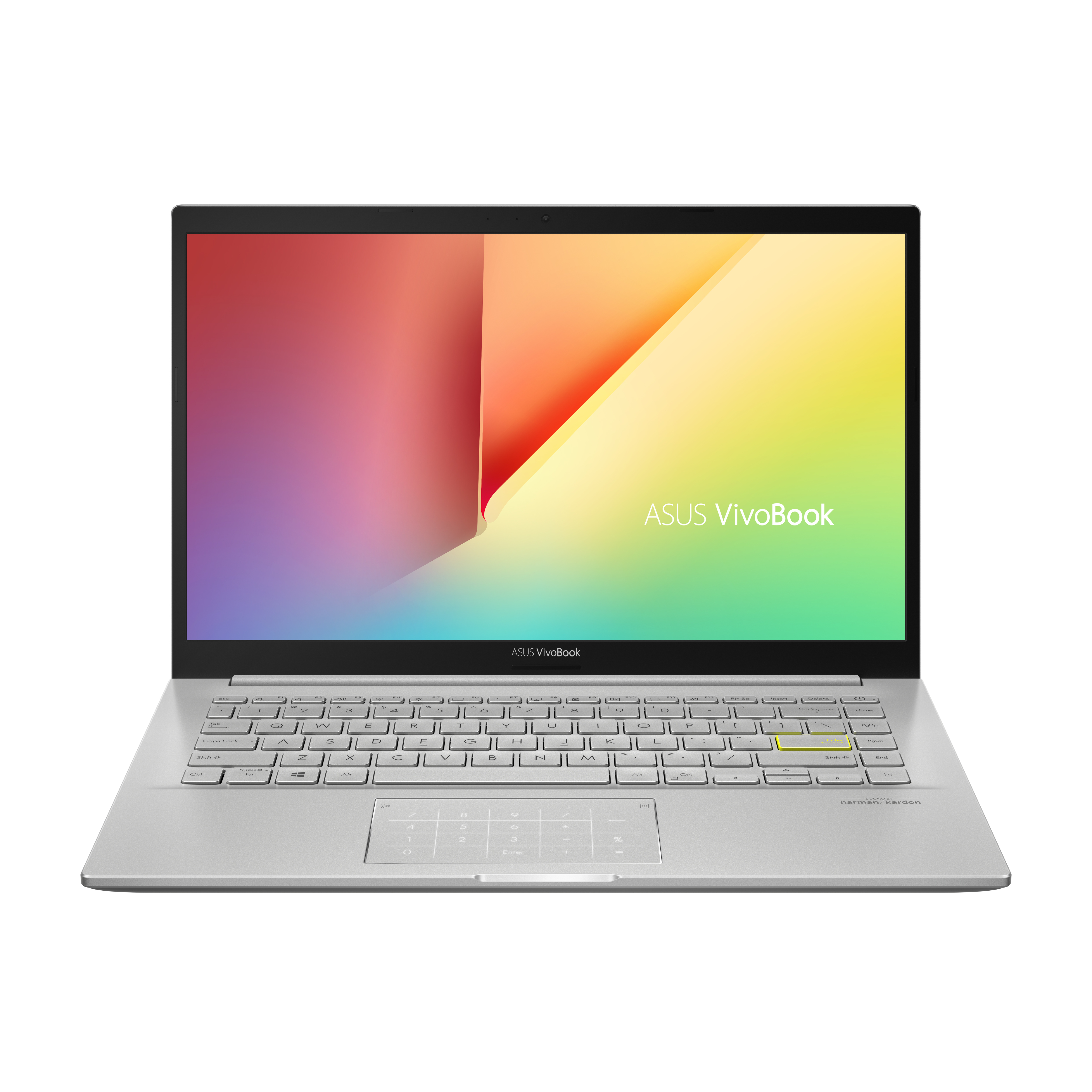 Ordenador portátil plateado con pantalla brillante, teclado y panel táctil. Fondo: blanco.