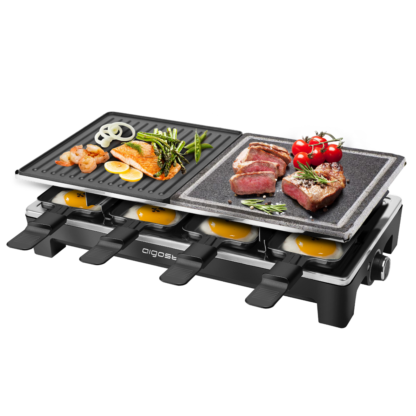 Raclette Bar Aigostar negro grill con plancha cocina piedra natural y reversible kabul 30rel parrilla acero inoxidable 1.500w. incluye 8 minisartenes termostato ajustable totalmente