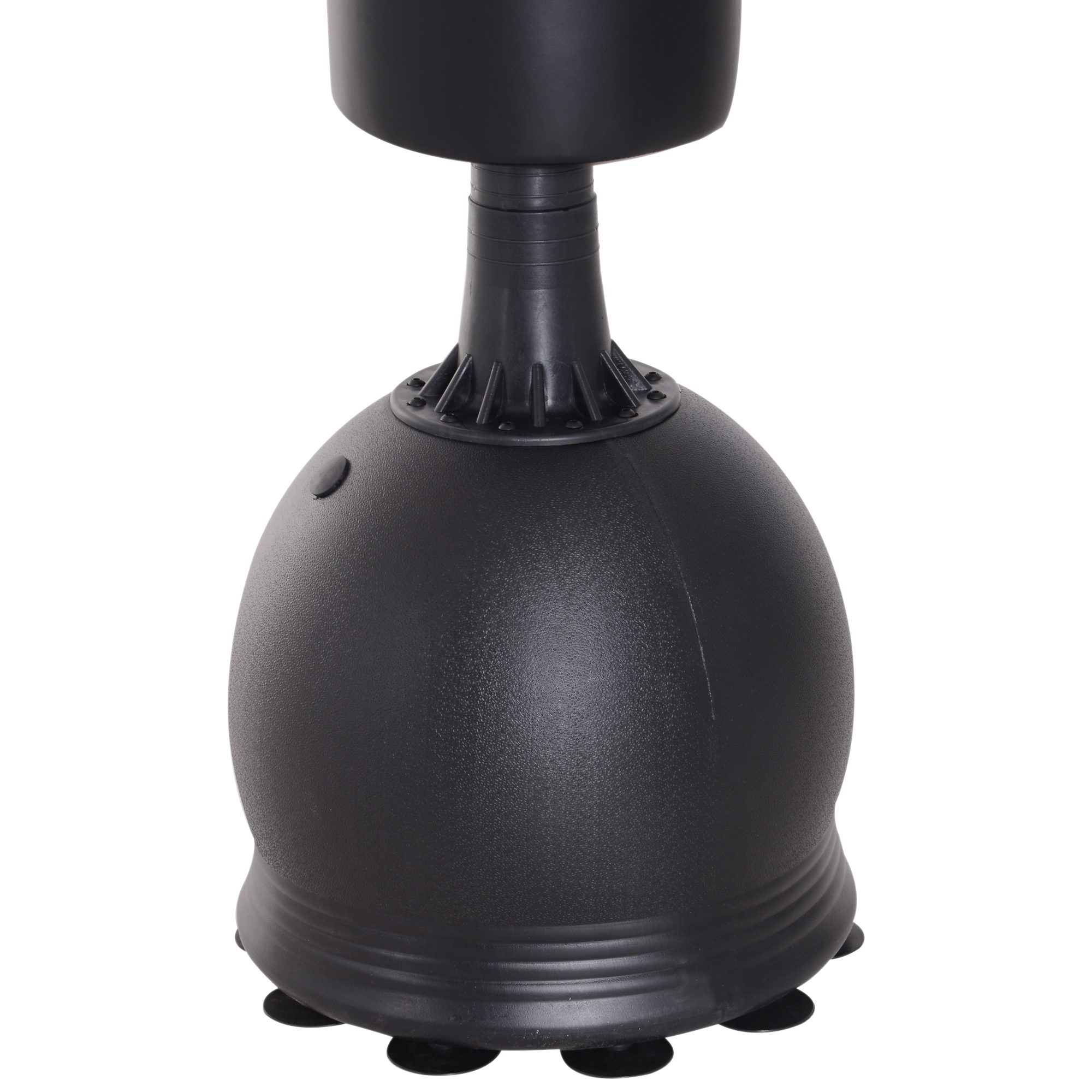 Saco de boxeo negro independiente con base bulbosa y parte superior cilíndrica, aislado en blanco.