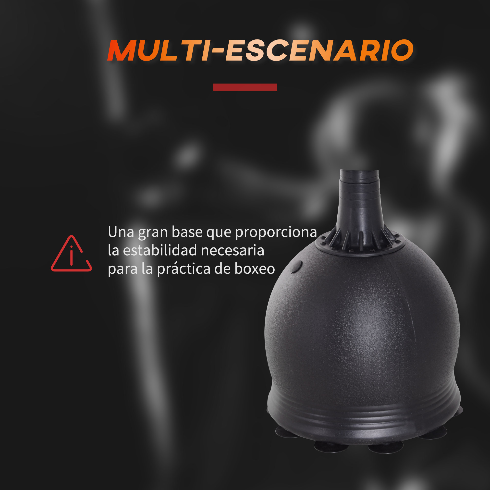 Un saco de boxeo negro independiente con base grande y texto en español.