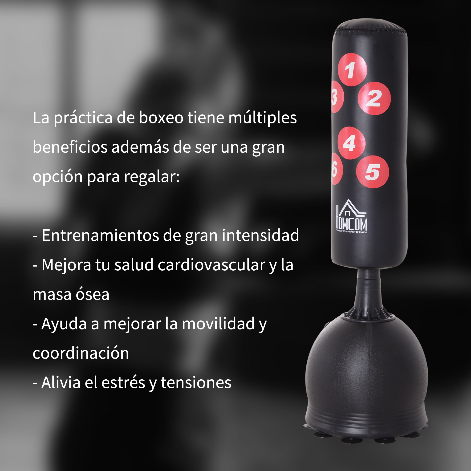Saco de boxeo negro con números. Texto a la izquierda describe beneficios del boxeo.