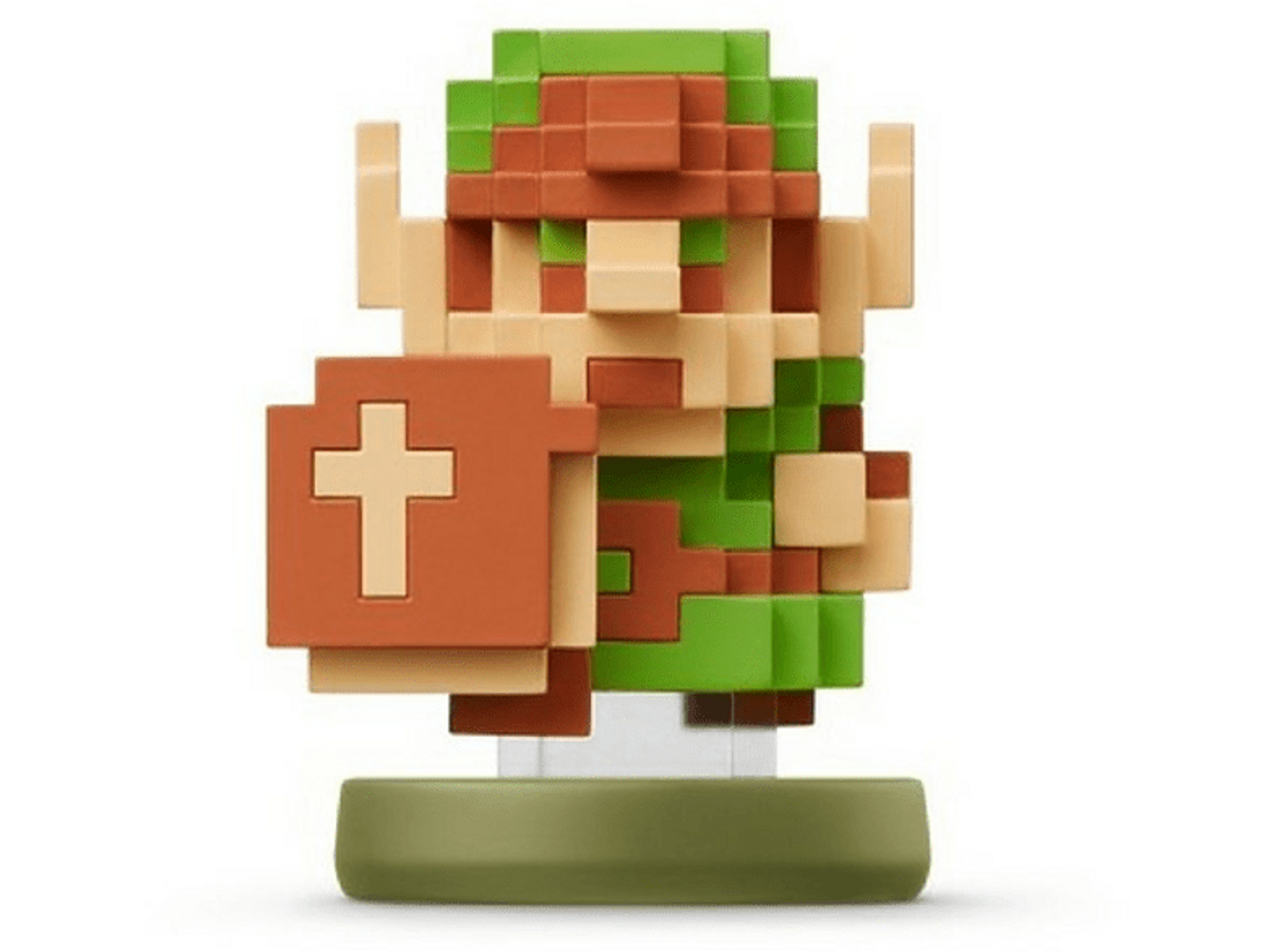 Figura pixelada de Link con escudo. Colores verde, marrón y beige.
