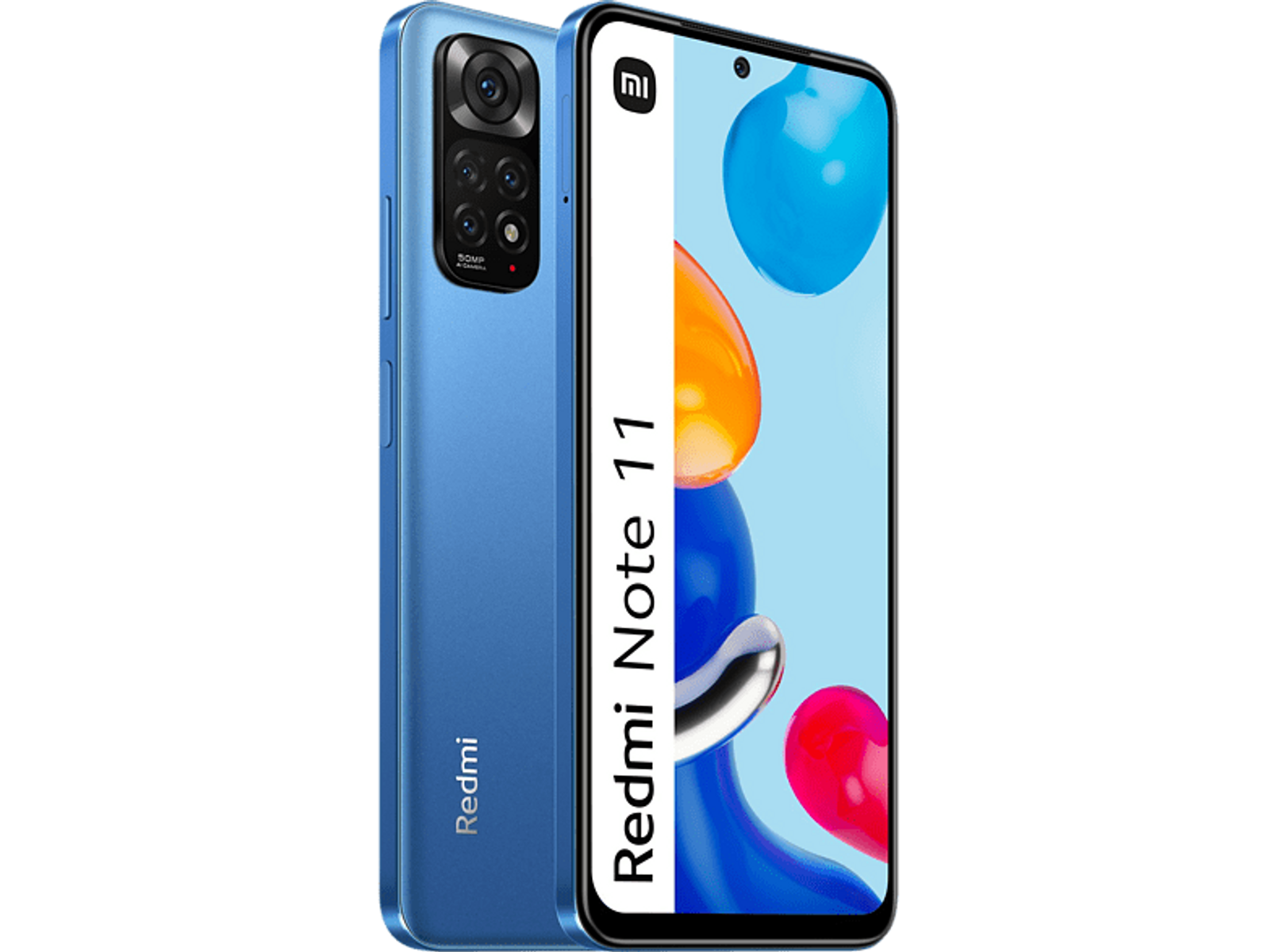 Niebieski telefon Redmi Note 11, pokazujący przód i tył. Logo Redmi z tyłu, nazwa telefonu z przodu.