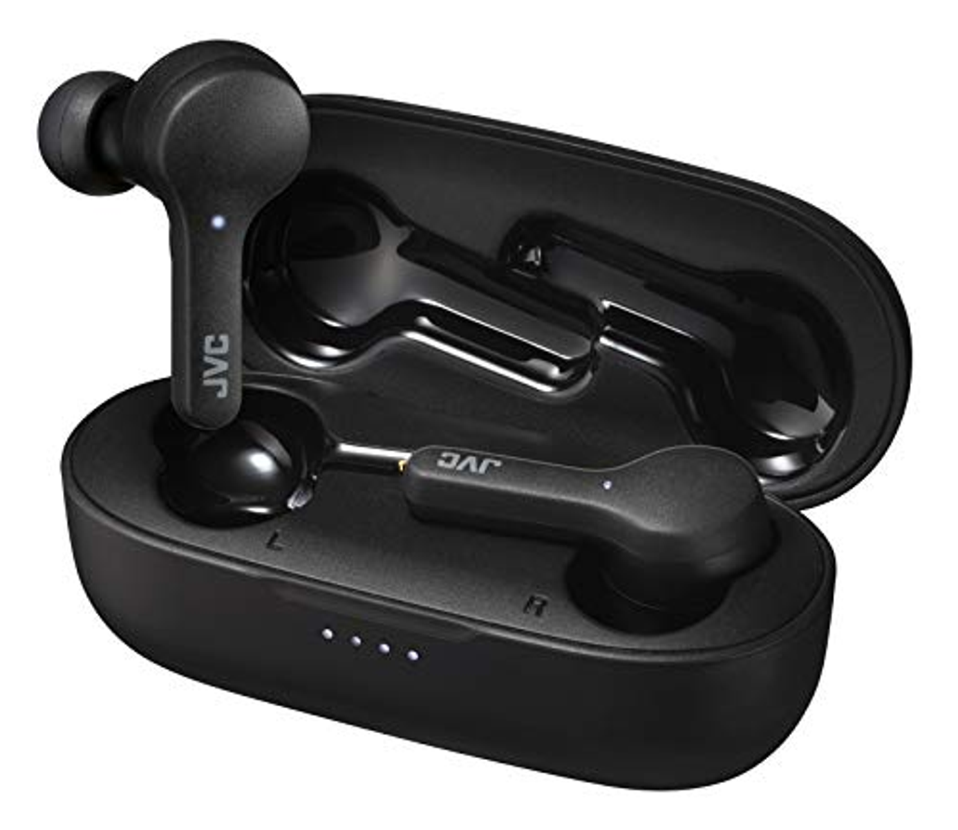 Schwarze JVC-Wireless-Kopfhörer und Ladecase, mit Markenlogo.