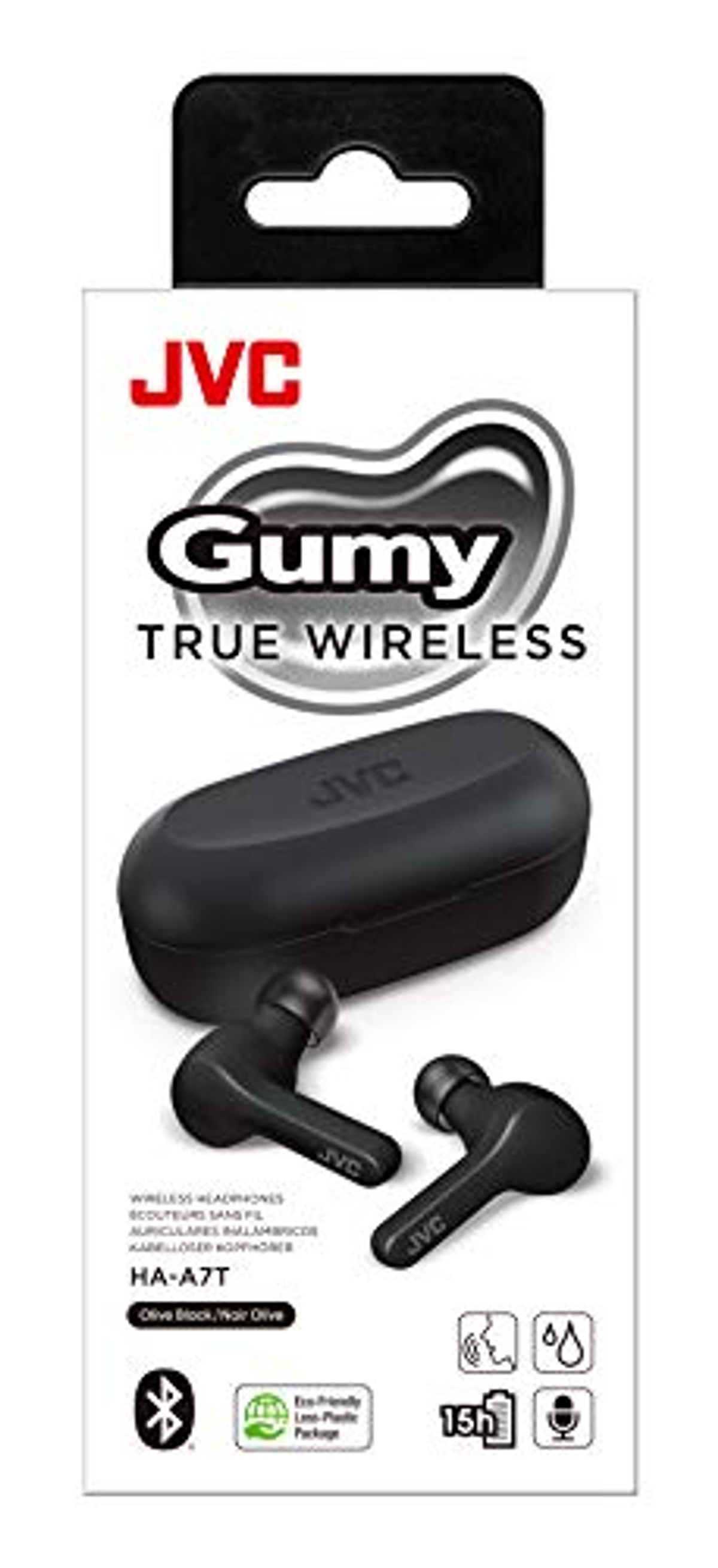 JVC Gumy True Wireless-Ohrhörer in einem Case, mit Verpackung. Olivschwarz.