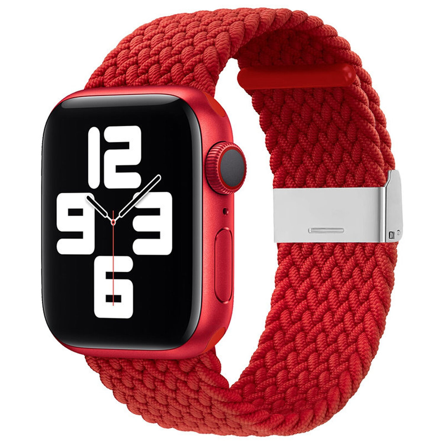 Rote Apple Watch mit rotem geflochtenem Band und silberner Schließe.