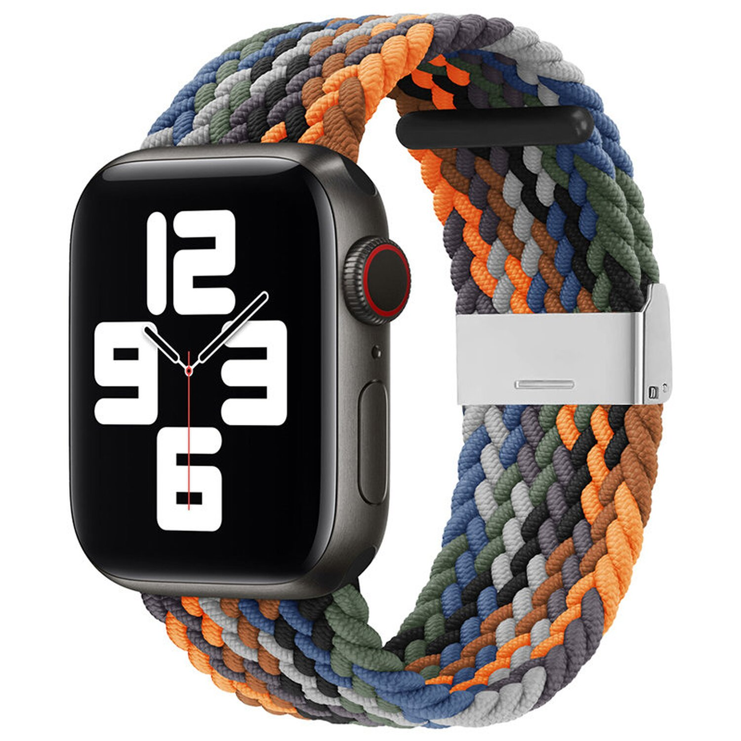 Eine Apple Watch an einem grünen und einem bunten gewebten Armband.