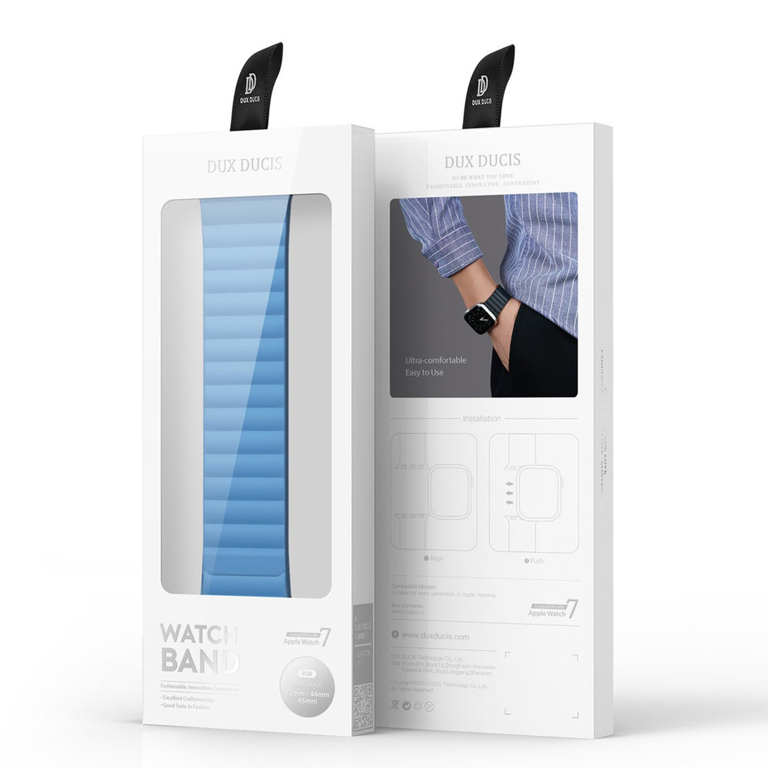 Verpackung mit blauem Uhrenarmband und Text über die Apple Watch und Armbandfunktionen.