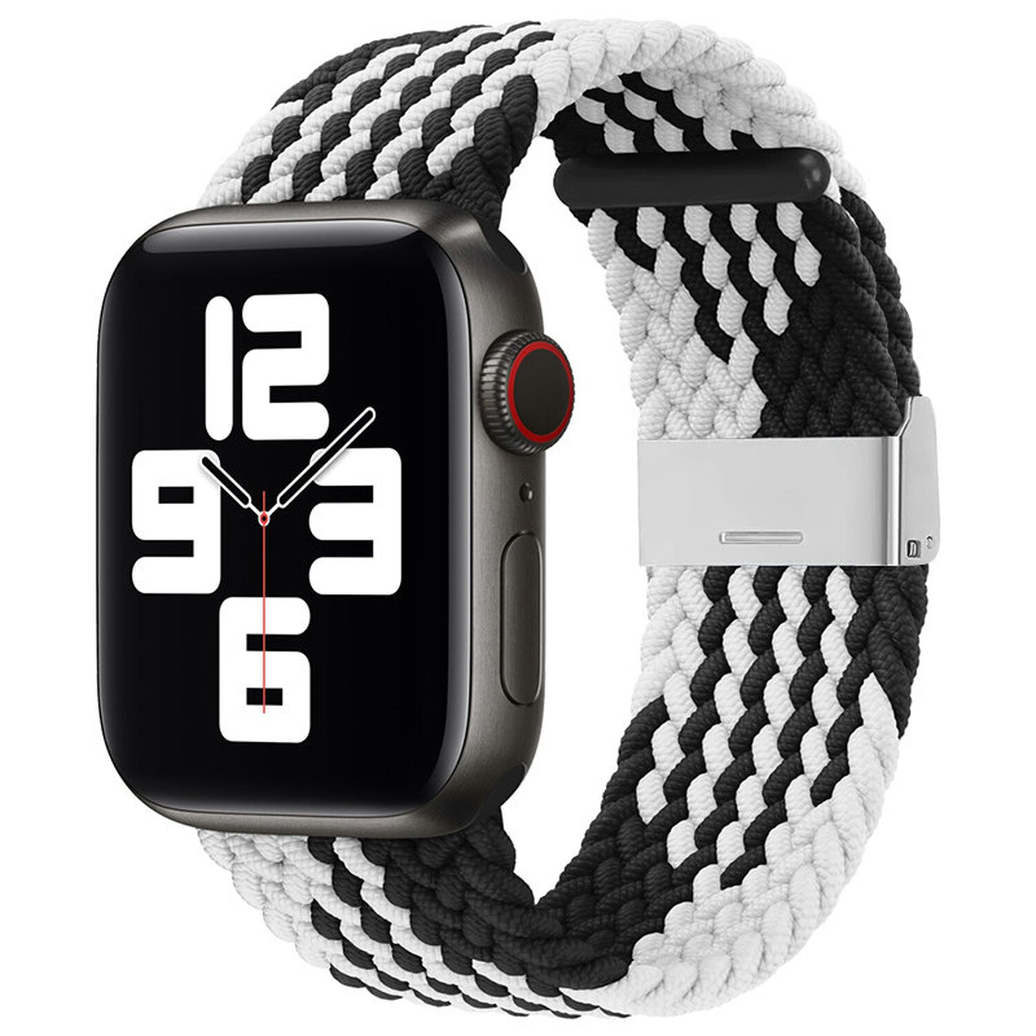 Schwarze Smartwatch mit geflochtenem Armband in Schwarz, Weiß und Grau, zeigt die Uhrzeit 9:36 Uhr.