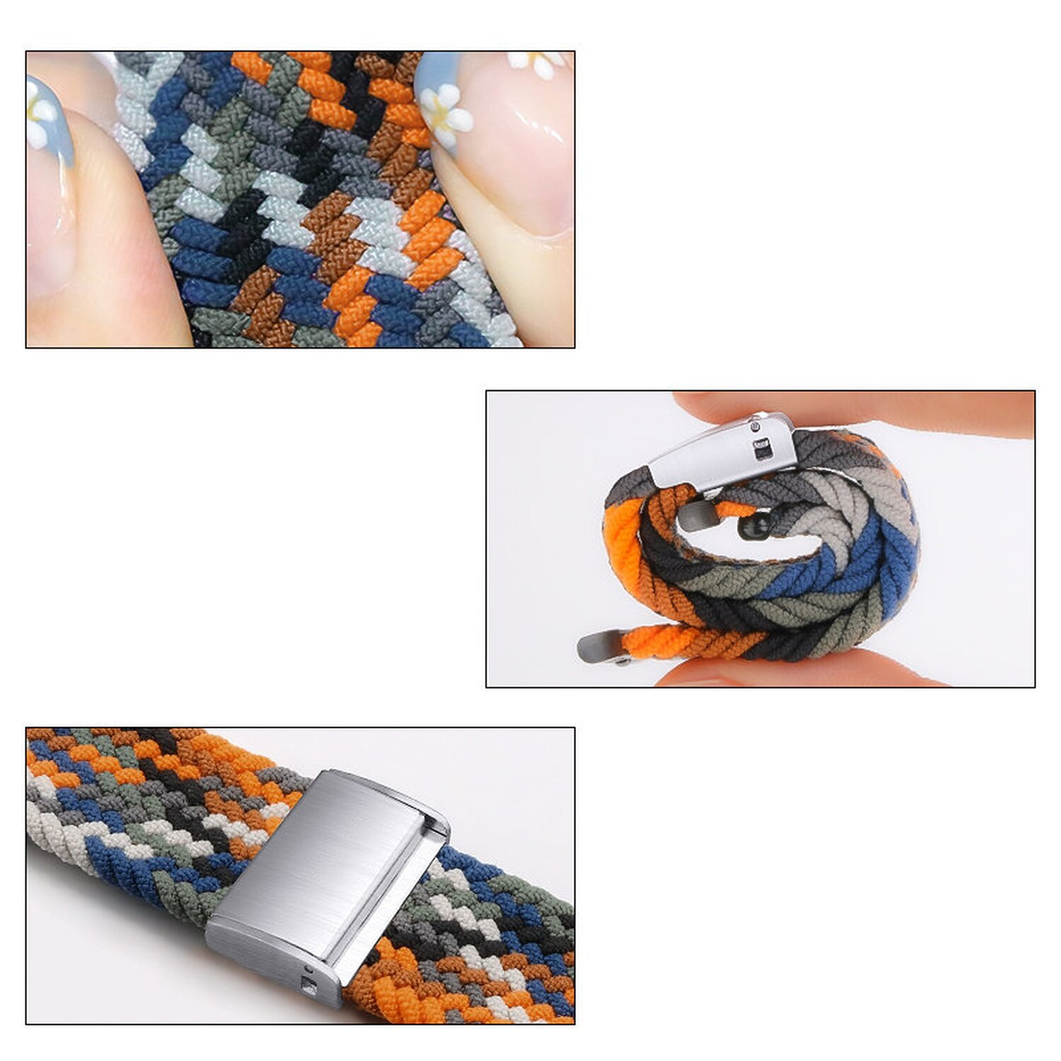 Geflochtenes Uhrenarmband mit Metallverschluss. Nahaufnahmen zeigen Details des Bandes.
