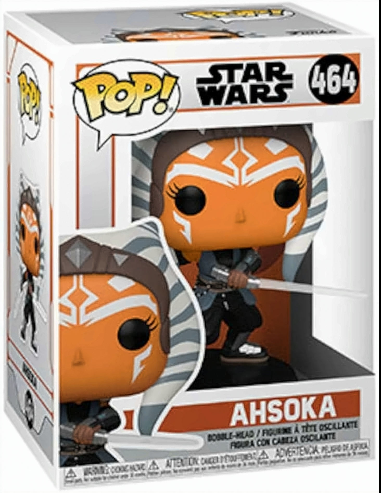 Figura Ahsoka Funko Pop in una scatola. La figura è arancione e bianca, con una spada laser.