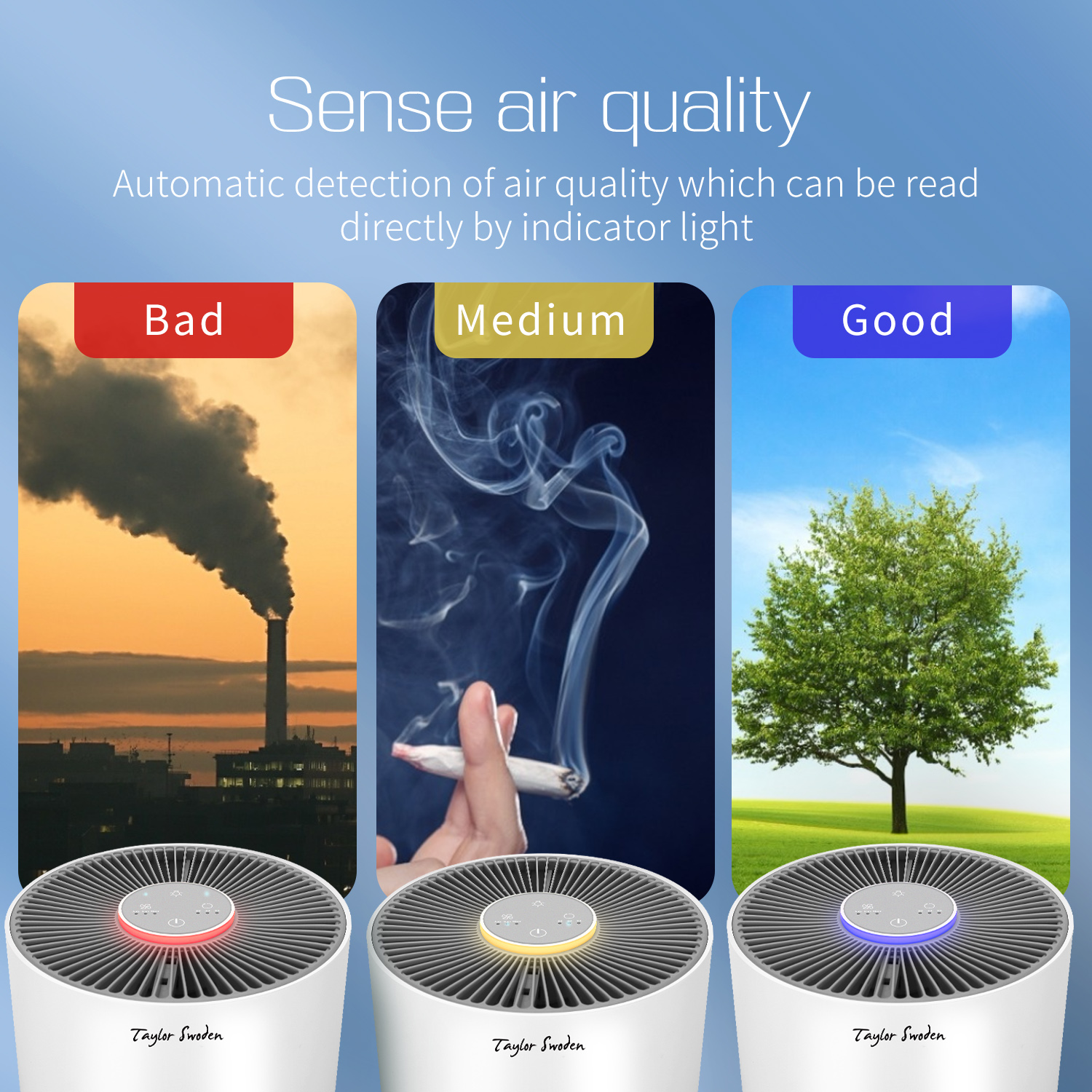 Indicadores de calidad del aire: malo (humo), medio (cigarrillo) y bueno (árbol).
