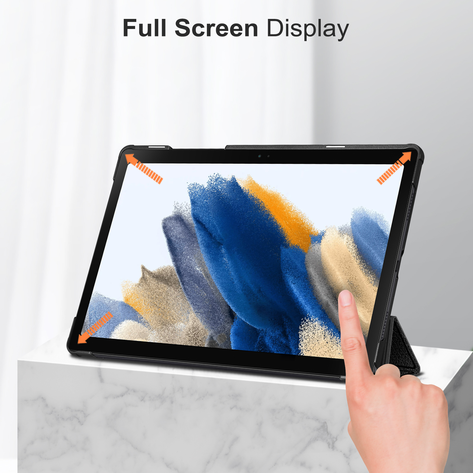 Ein Tablet mit Vollbildanzeige, ein Finger berührt den Bildschirm.