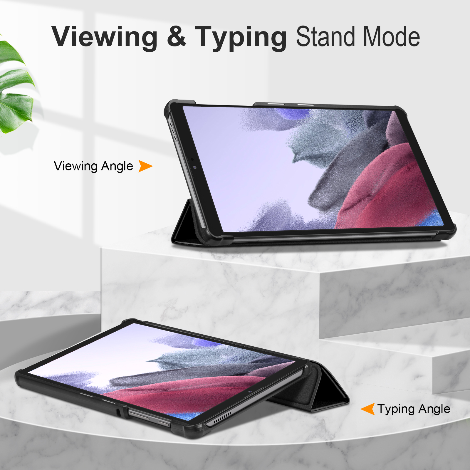 Tablet in einer Hülle, Betrachtungs- und Tippständer-Modi, schwarz.