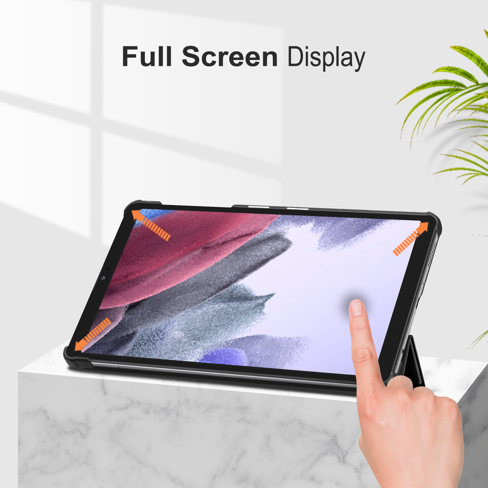 Tablet in schwarzer Hülle, Finger berührt Bildschirm, weiße Oberfläche.