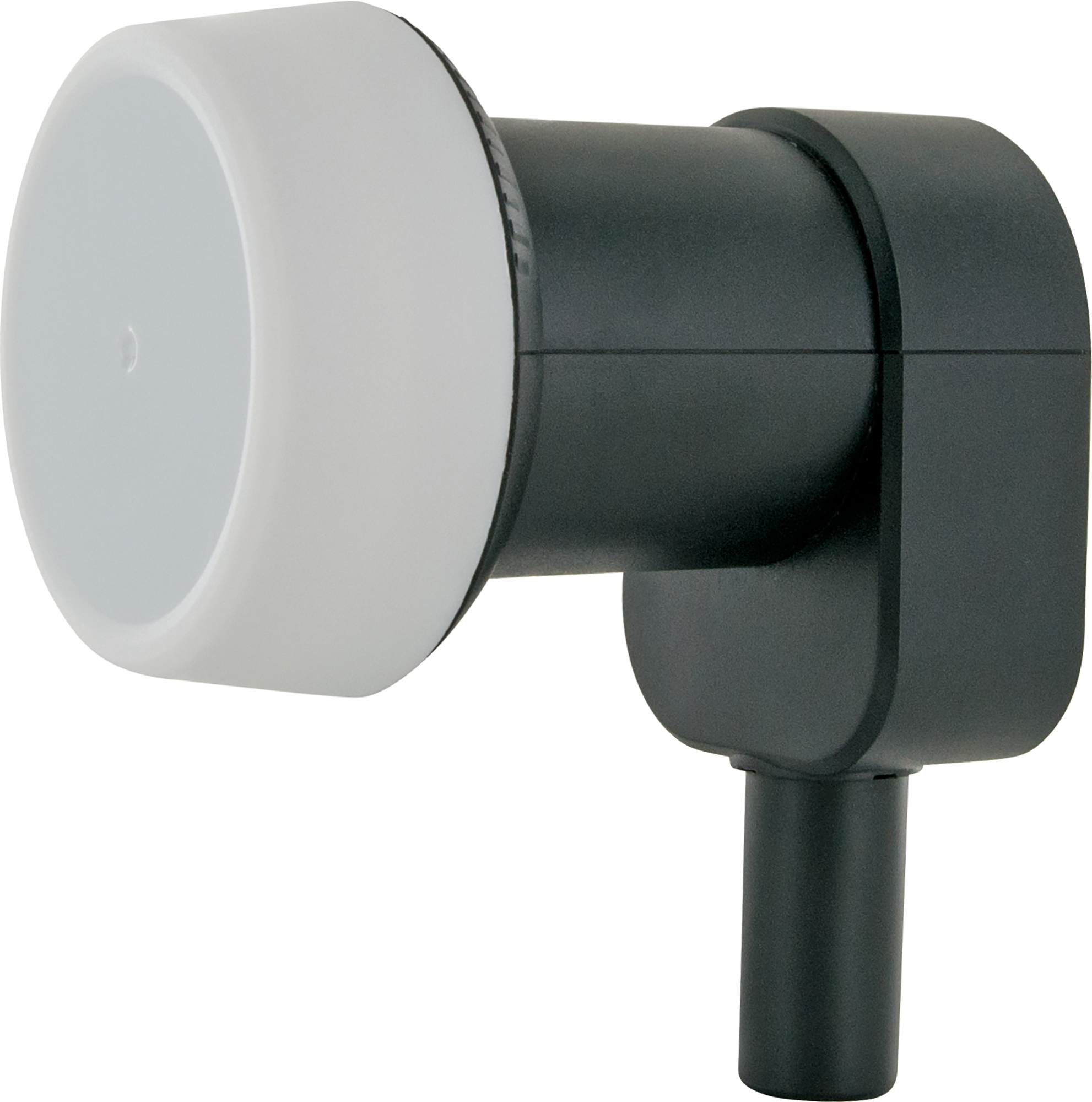 Czarny komponent LNB do anteny satelitarnej. Biała osłona z przodu, kątowa konstrukcja.