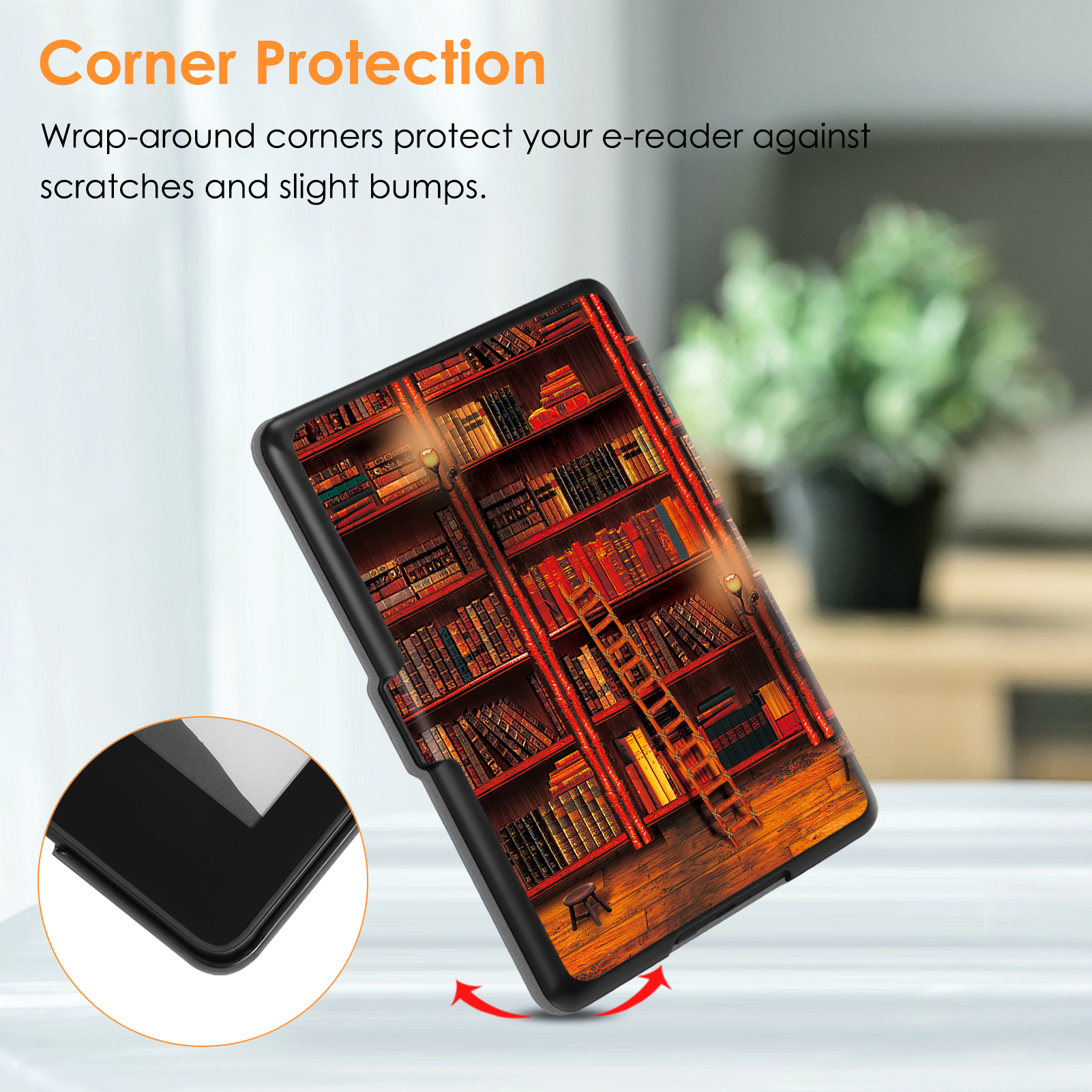 E-Reader-Hülle mit Bibliotheksdesign. Zeigt Eckenschutz mit einem Ausschnitt.