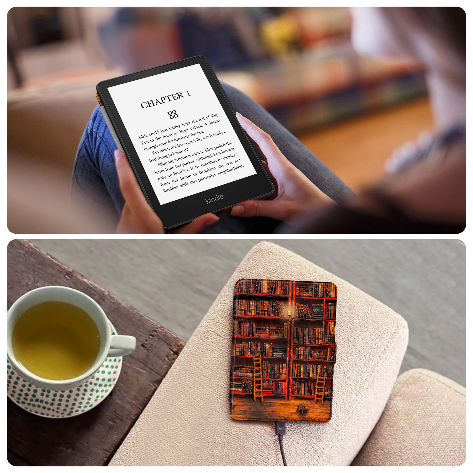 Kindle auf dem Schoß. Text auf dem Bildschirm. Ein anderes Kindle mit Buchcover, Tasse Tee.