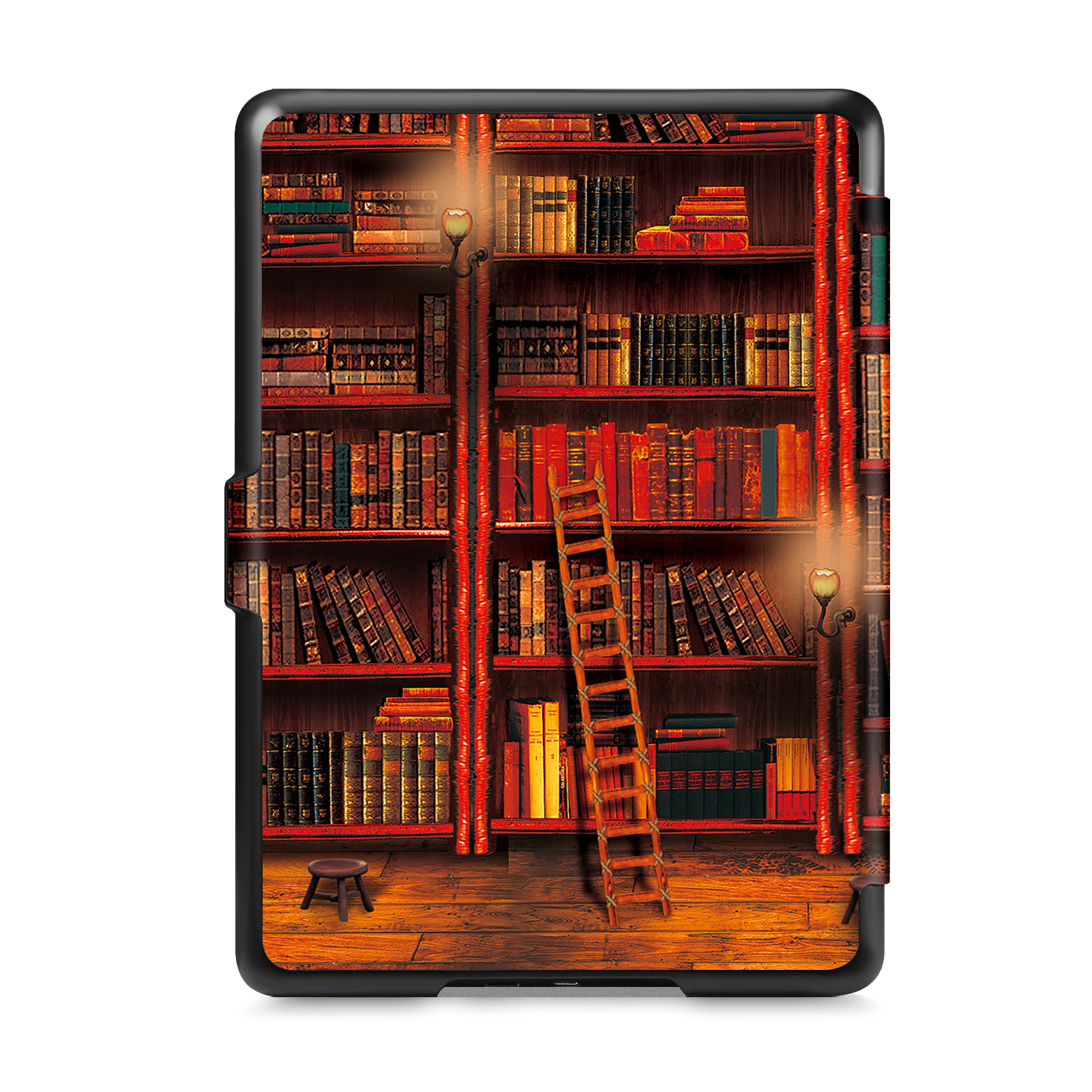 Leder-E-Reader-Hülle mit Bibliotheksbild, Leiter, Büchern und Holzfußboden.
