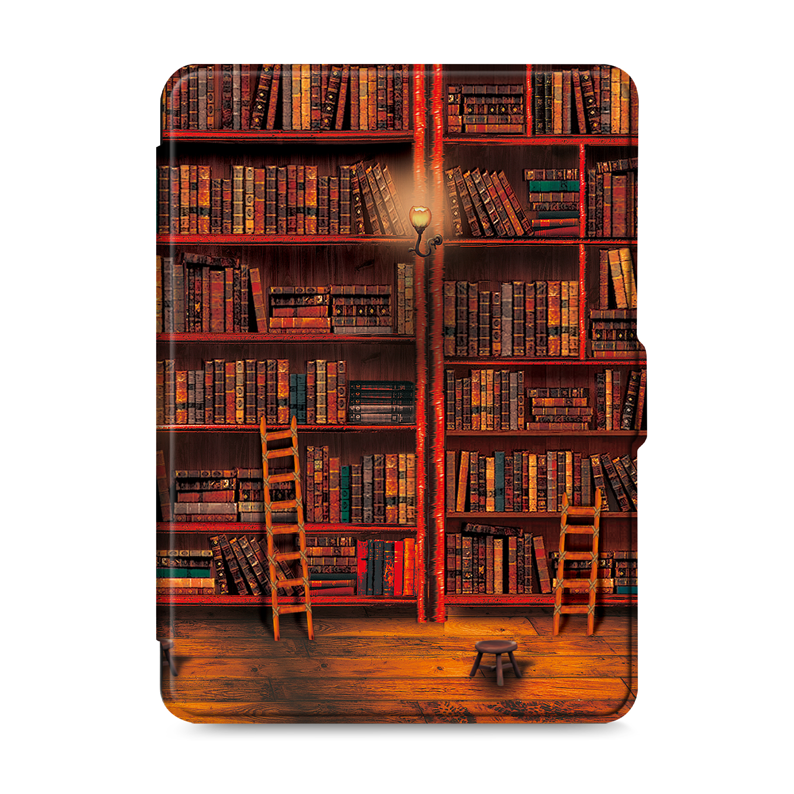 E-Reader-Hülle mit Bibliotheksdesign: Bücherregale, Leitern und Hocker.