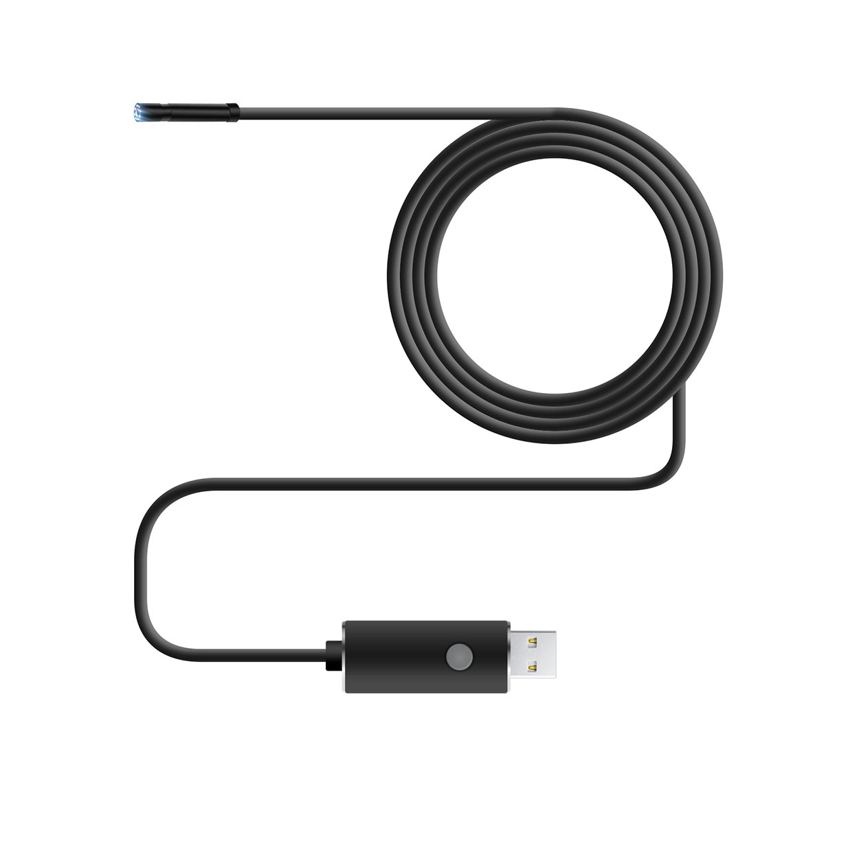 Cámara endoscópica negra con luz y conector USB, cable enrollado.