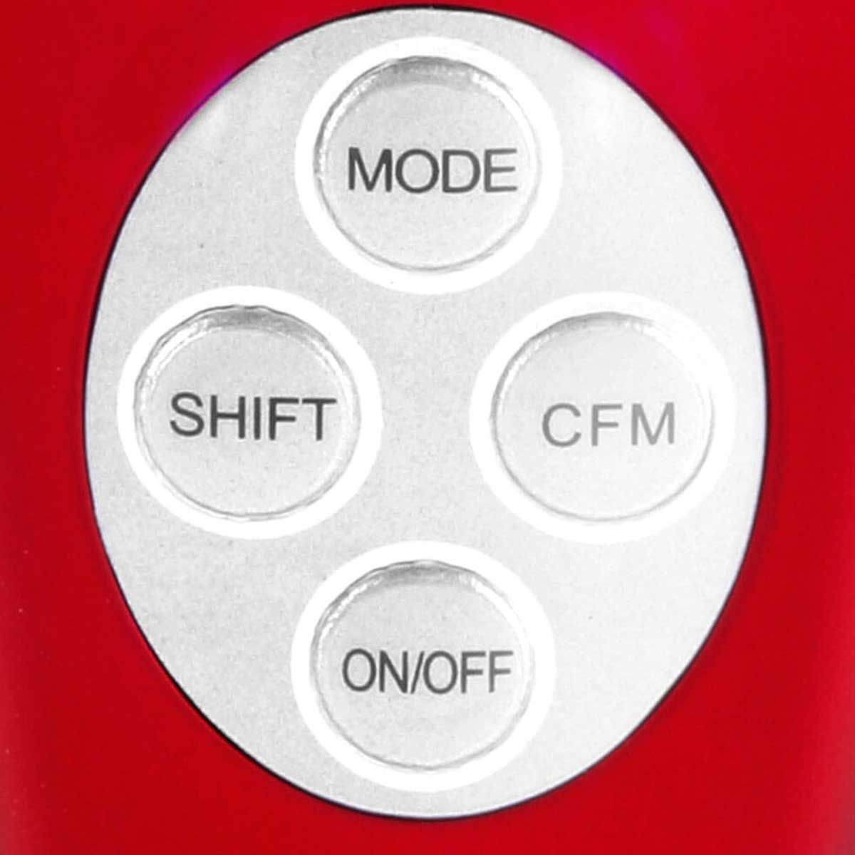 Primer plano del panel de control con cuatro botones: MODE, SHIFT, CFM, ON/OFF. Fondo rojo.