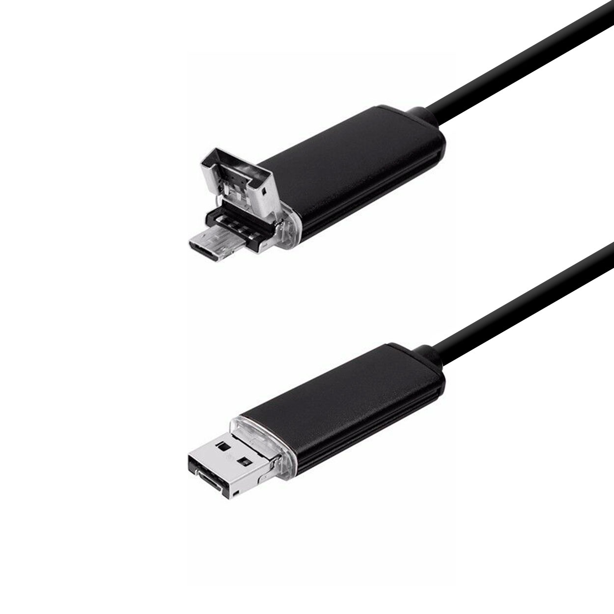 Cables USB y Micro USB negros, fondo blanco.