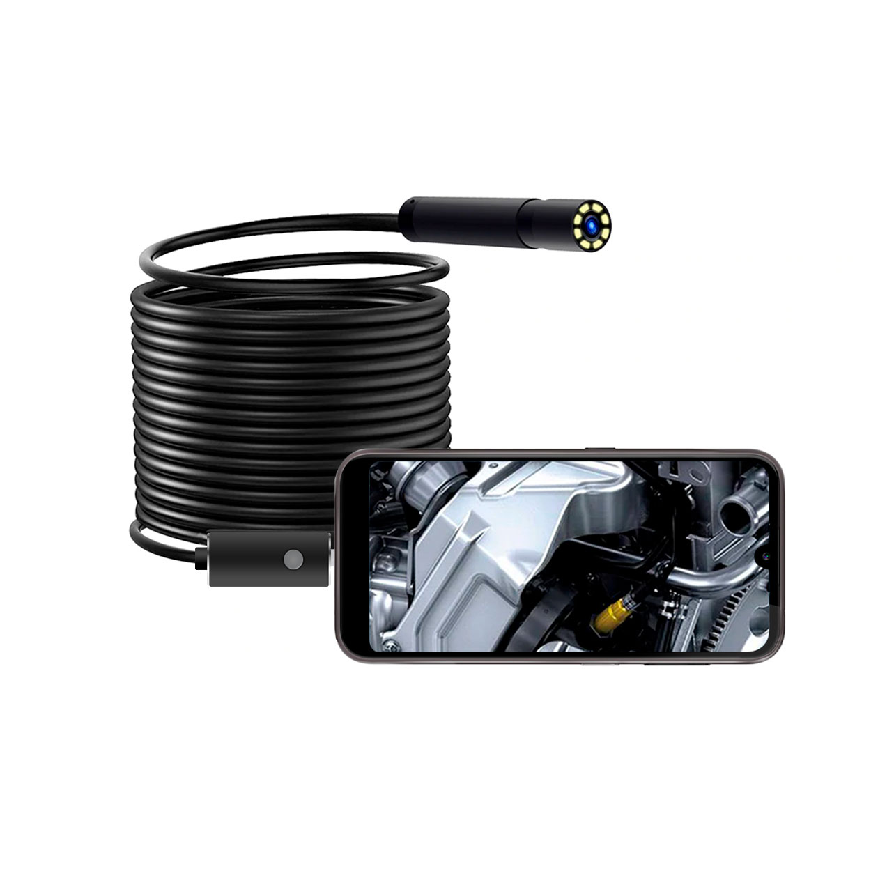 Un endoscopio con un smartphone mostrando la vista de un compartimento del motor de un vehículo.