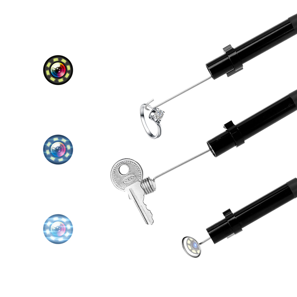Herramientas de cámara de seguridad con luces LED, incluyendo un anillo y llave, fondo blanco.