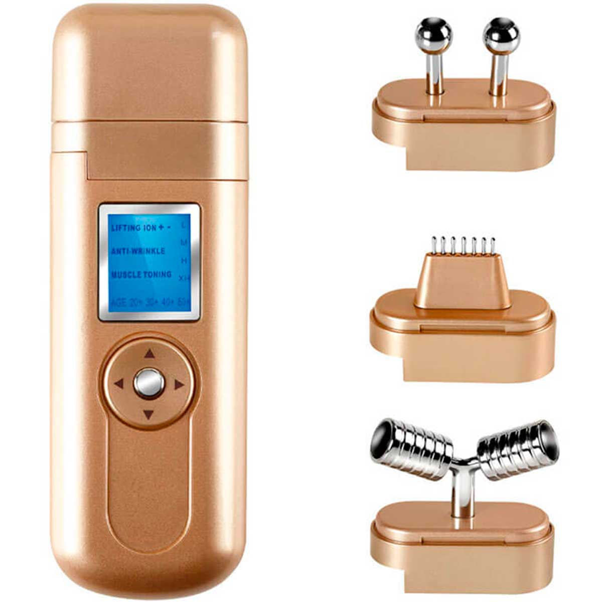 Un masajeador facial dorado con tres accesorios diferentes y una pantalla que muestra varias funciones.