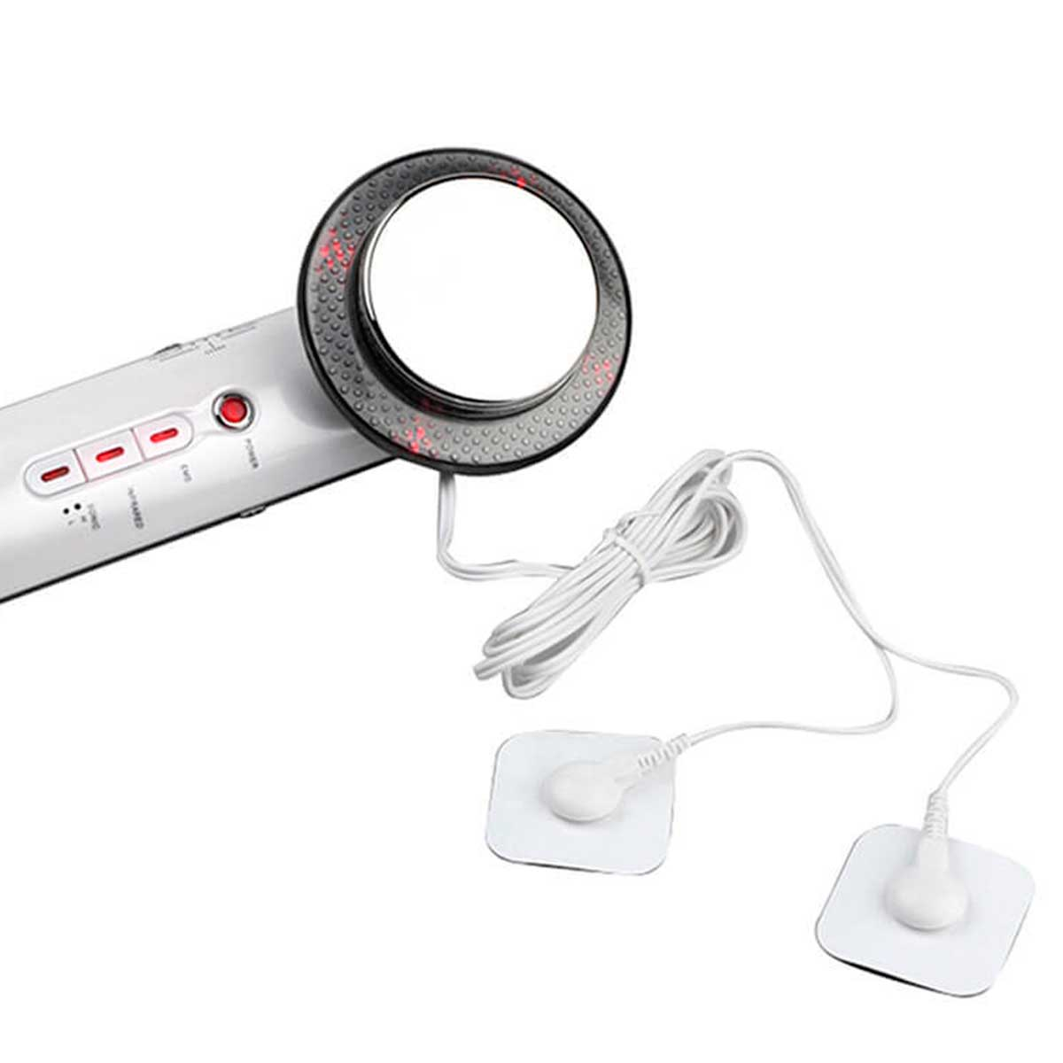 Máquina reductora de grasa corporal blanca y gris con dos electrodos conectados por cable blanco.