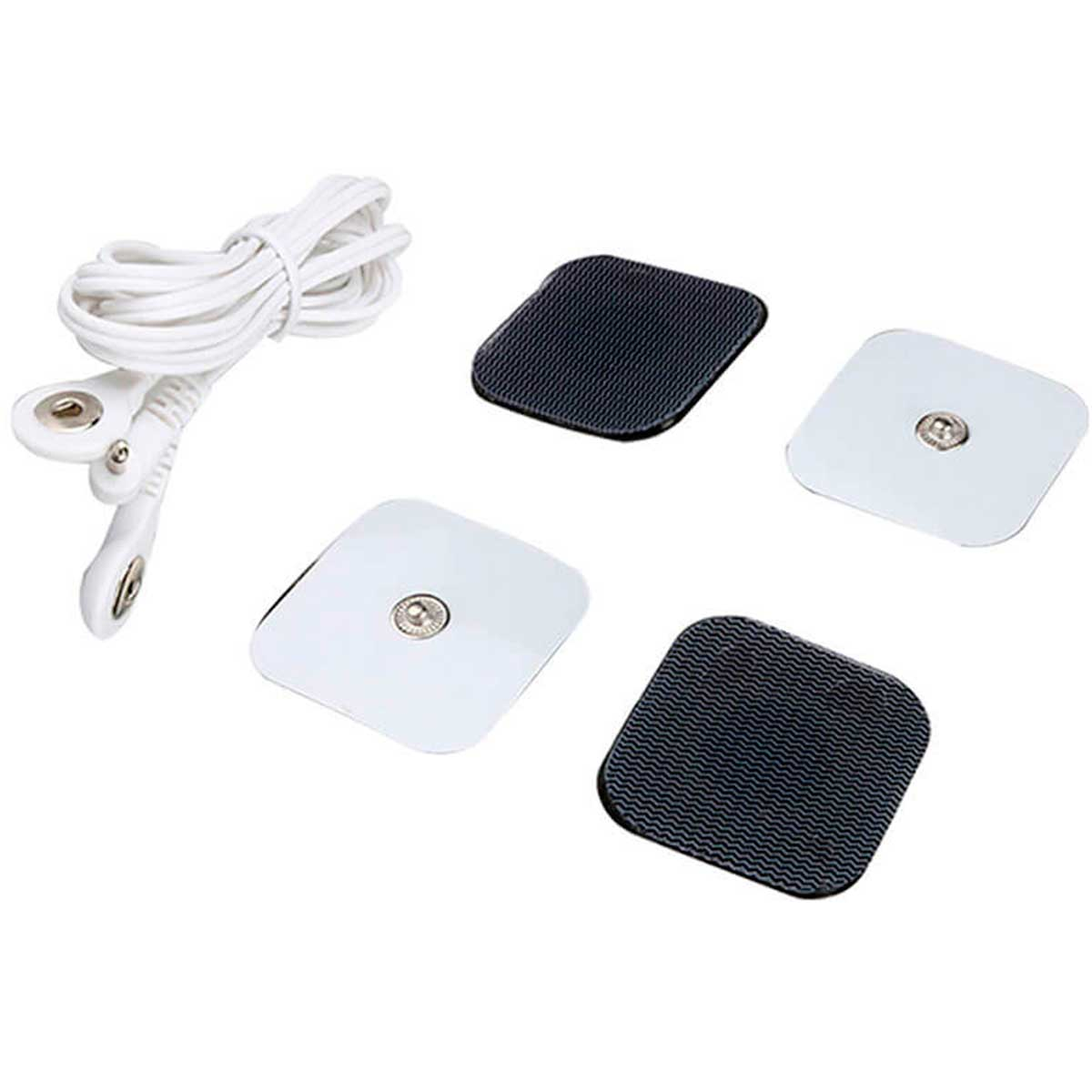 Cable blanco con clip, tres almohadillas cuadradas en blanco y negro y un dispositivo de estimulación eléctrica.