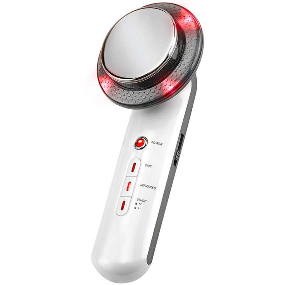 Un dispositivo portátil blanco con botones y una cabeza redonda plateada con luces rojas.
