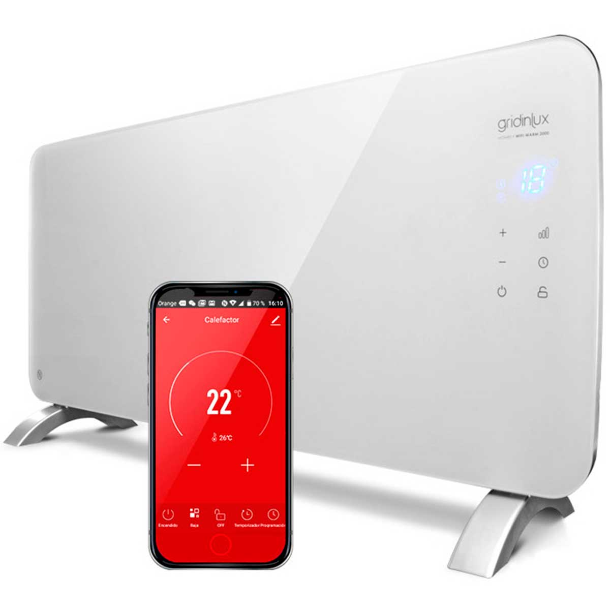 Radiador eléctrico - WIFI WARM 2000 GRIDINLUX, Blanco y plata