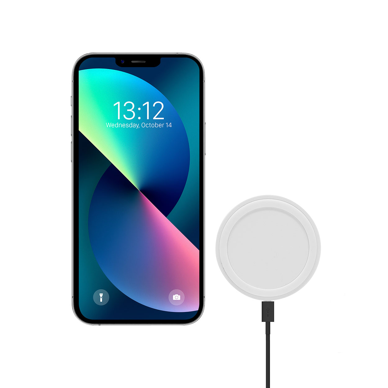 Smartphone con fondo de pantalla azul y verde, conectado a un cargador inalámbrico blanco con cable negro.