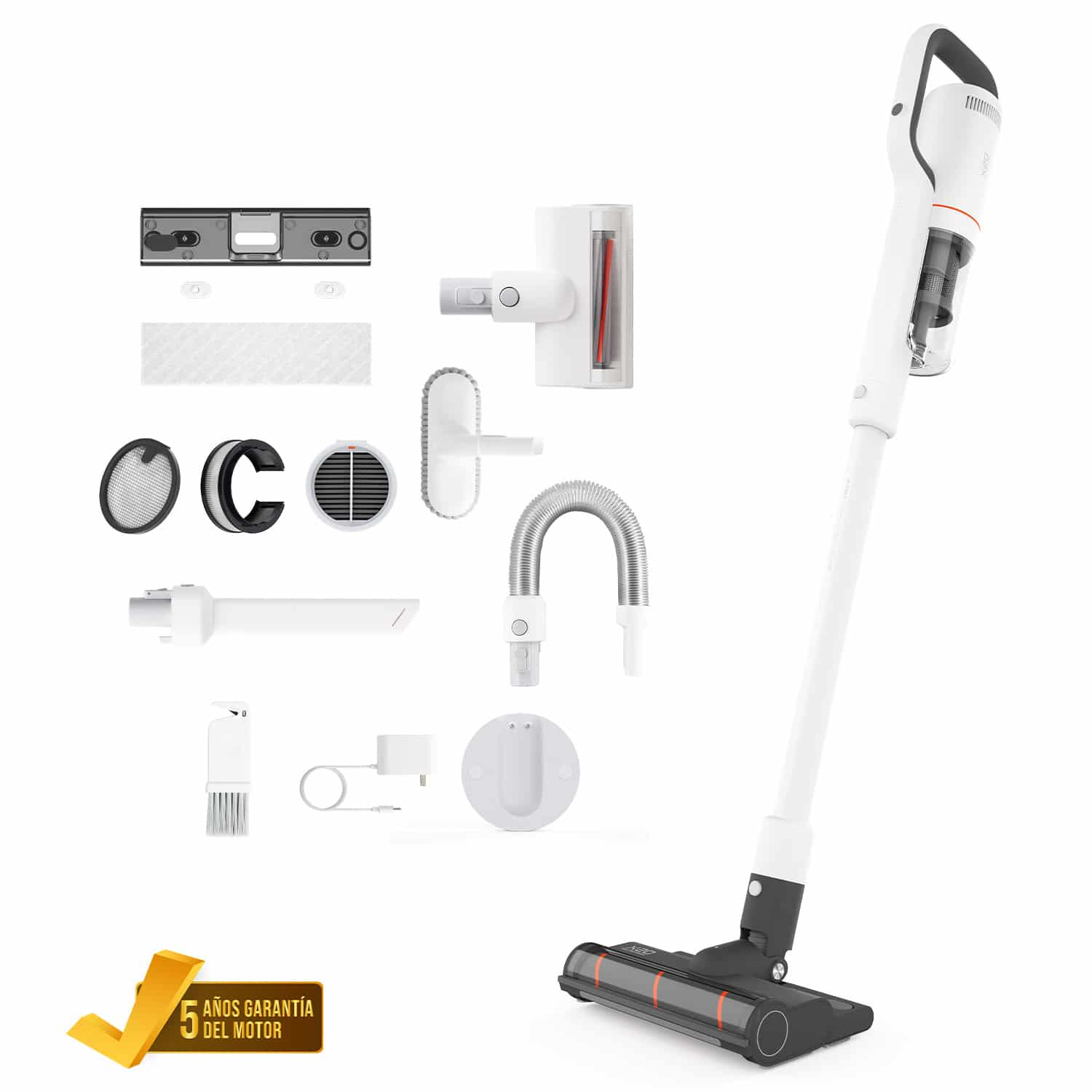 Una aspiradora inalámbrica desmontada con varios accesorios, incluyendo un cepillo y un cargador.