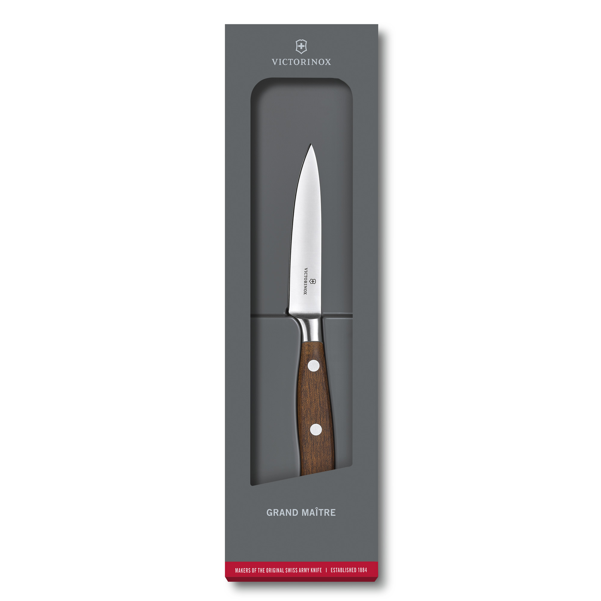Ein Victorinox Grand Maitre Küchenmesser in seiner Verpackung, mit Holzgriff.